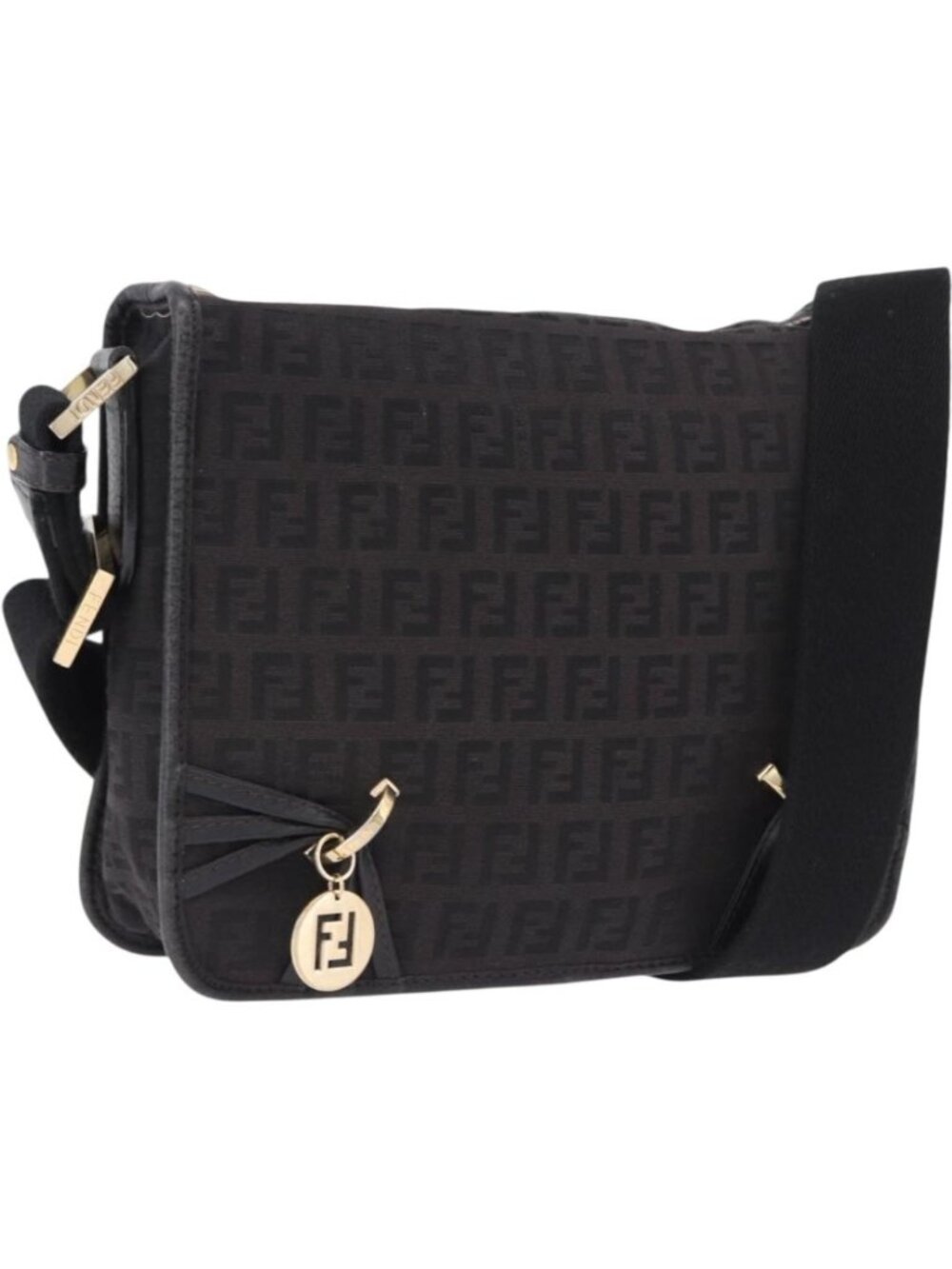 FENDI Zucchino Canvas Shoulder Bag Black Gold